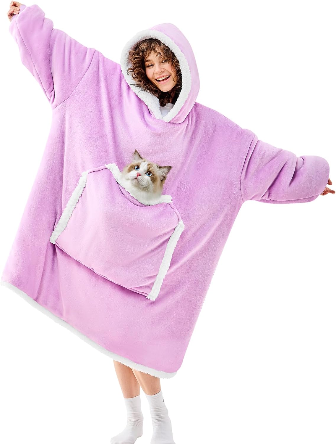 JOYWOO Purple Oversized Wearable Blanket Hoodie for Cat Lovers