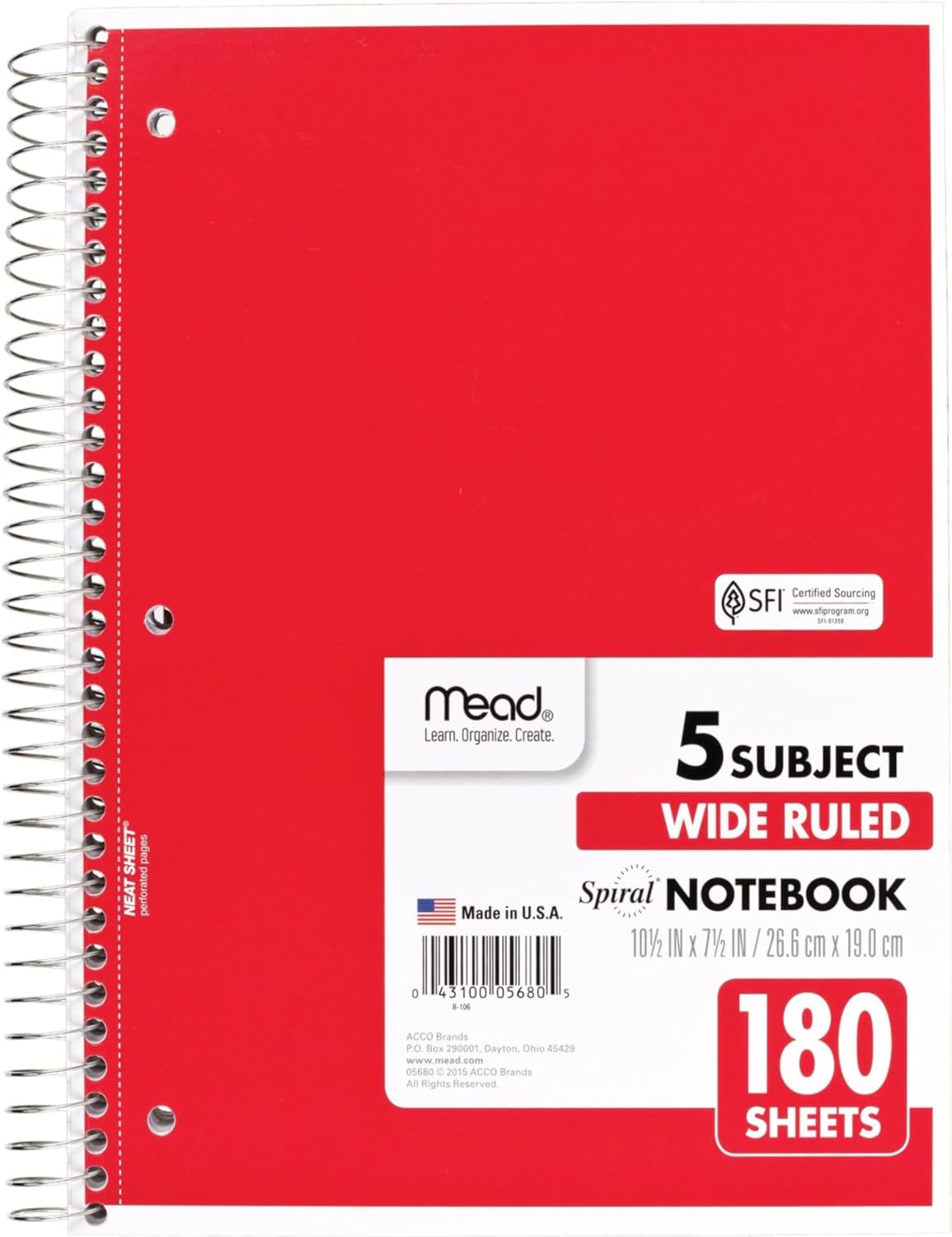 Mead 5 Subject Notebook - Wide Ruled, 180 Sheets