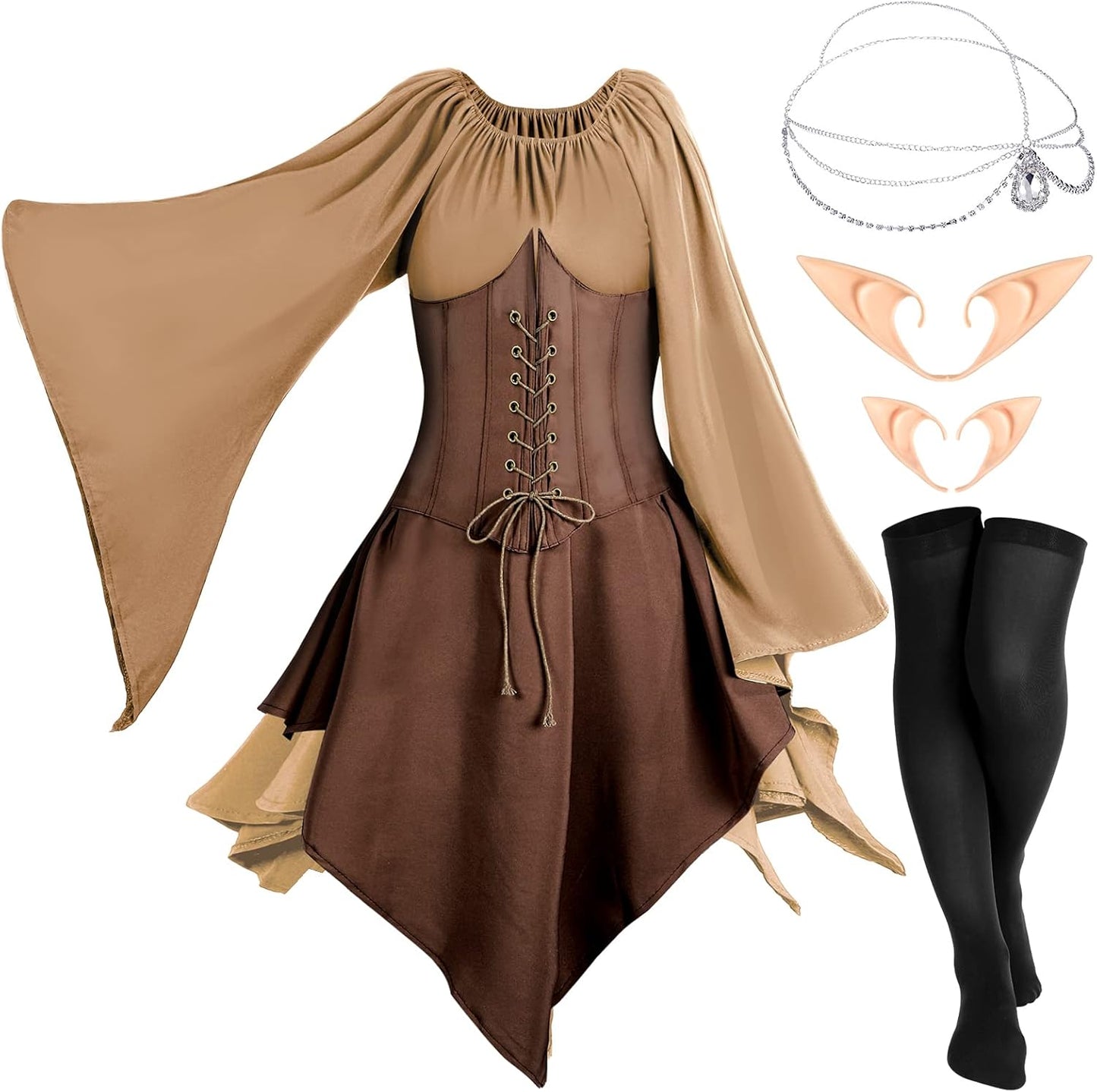 Medieval Fairy Costume Set for Women with Accessories and Dress