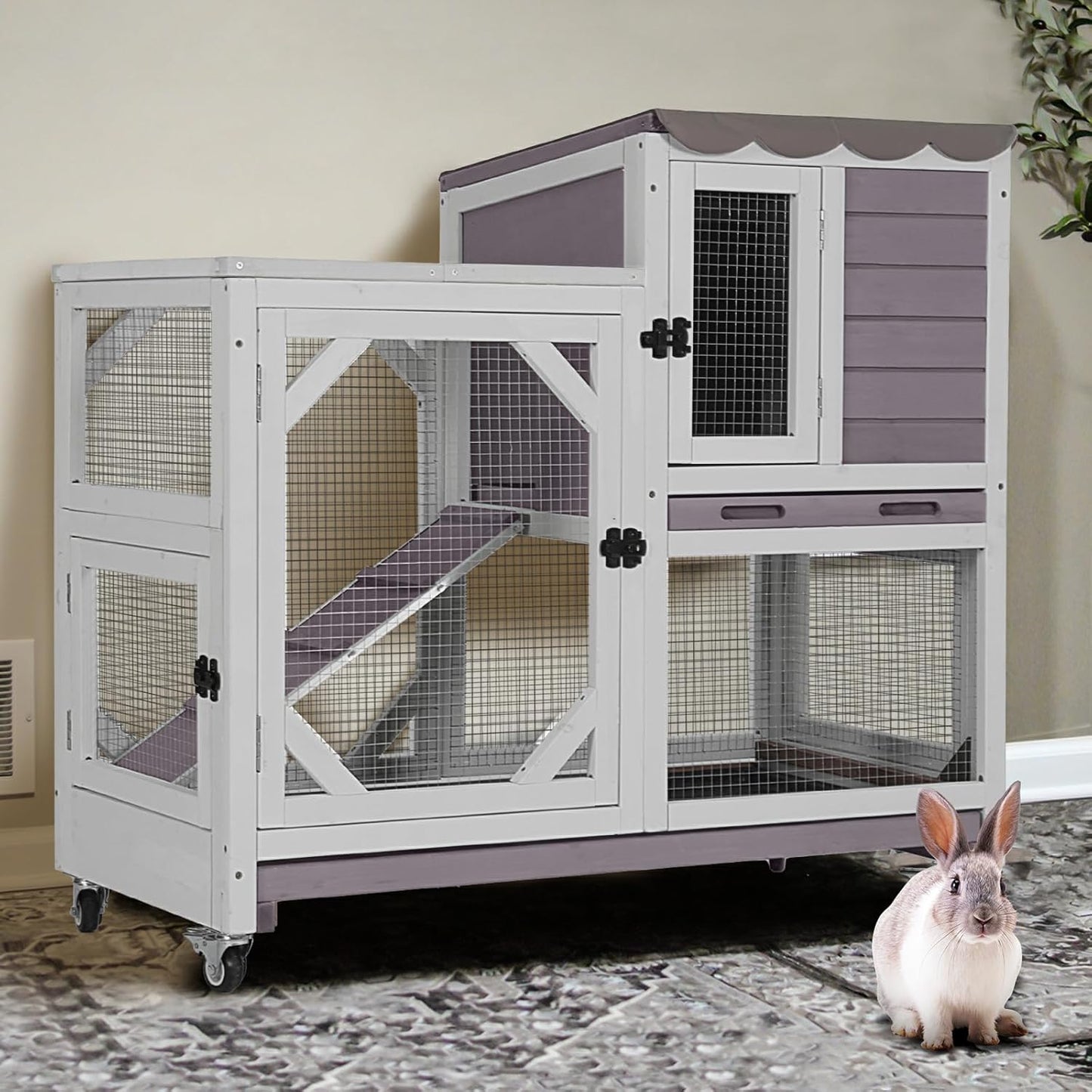 2-Story Rabbit Hutch with Chew-Proof Ramp and Leak-Proof Tray