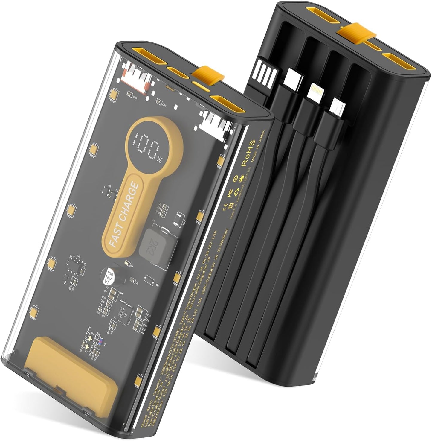 Fast Charge on the Go: 10000mAh Power Bank with Built-in Cables