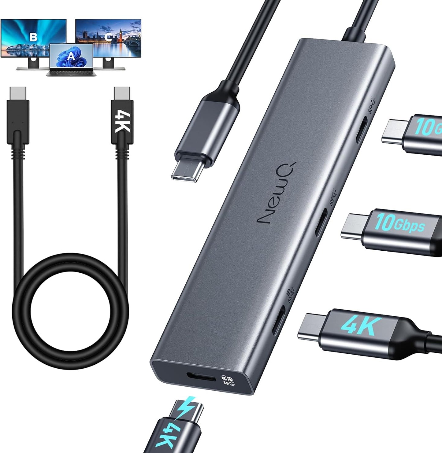 USB C Video Splitter for Dual Monitor Setup with 4 Ports
