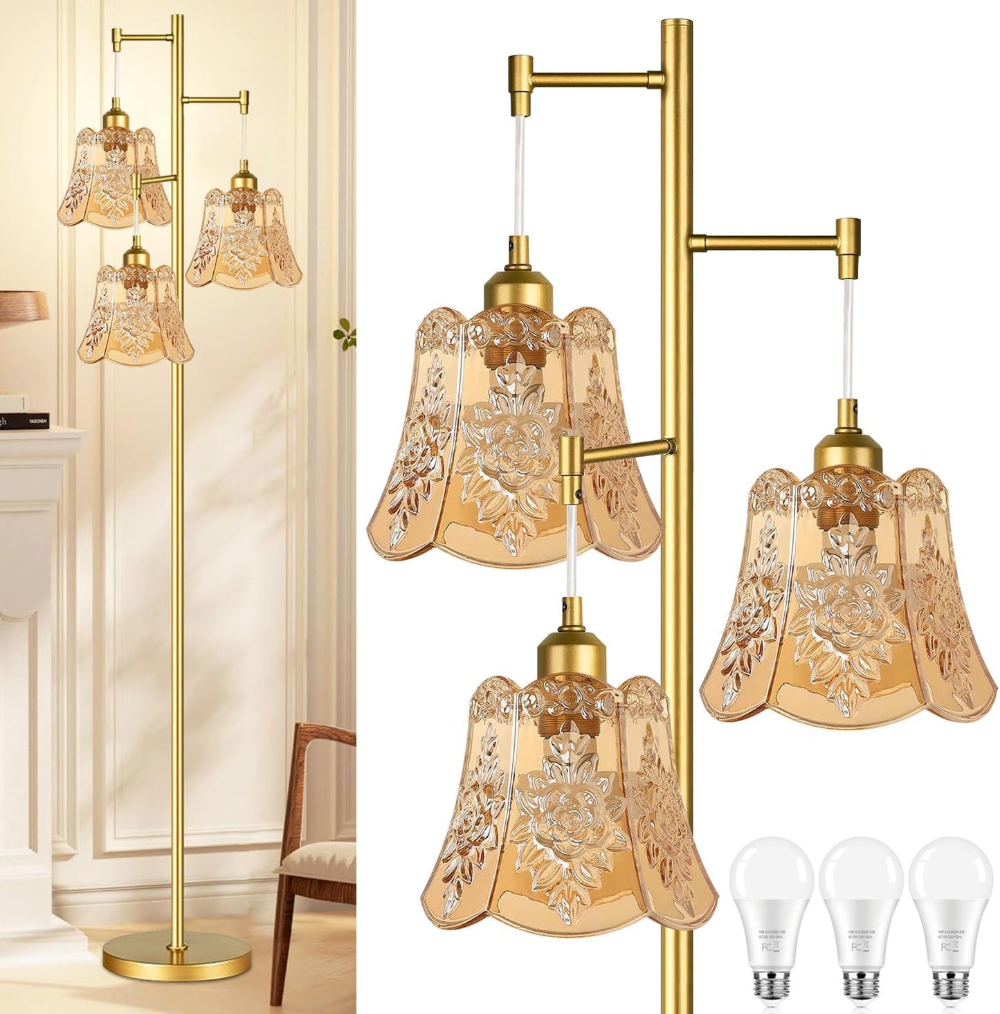 Gold Floor Lamp for Living Room and Bedroom with 3 Lights