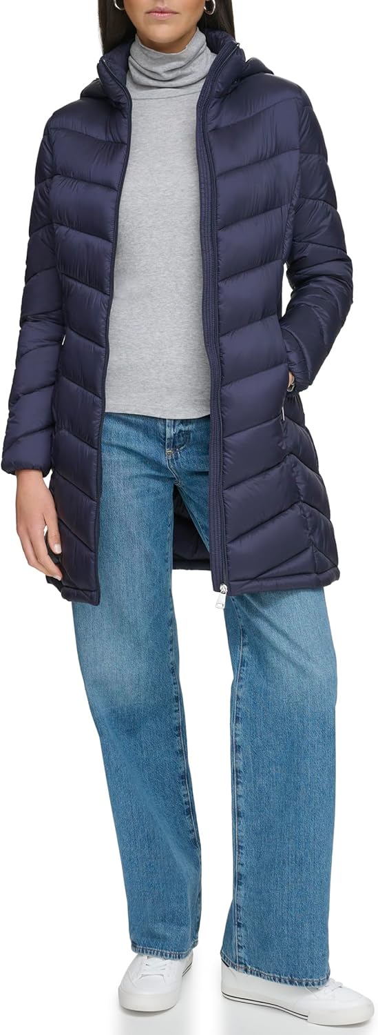Calvin Klein Women's Long Chevron Puffer Jacket for All Seasons