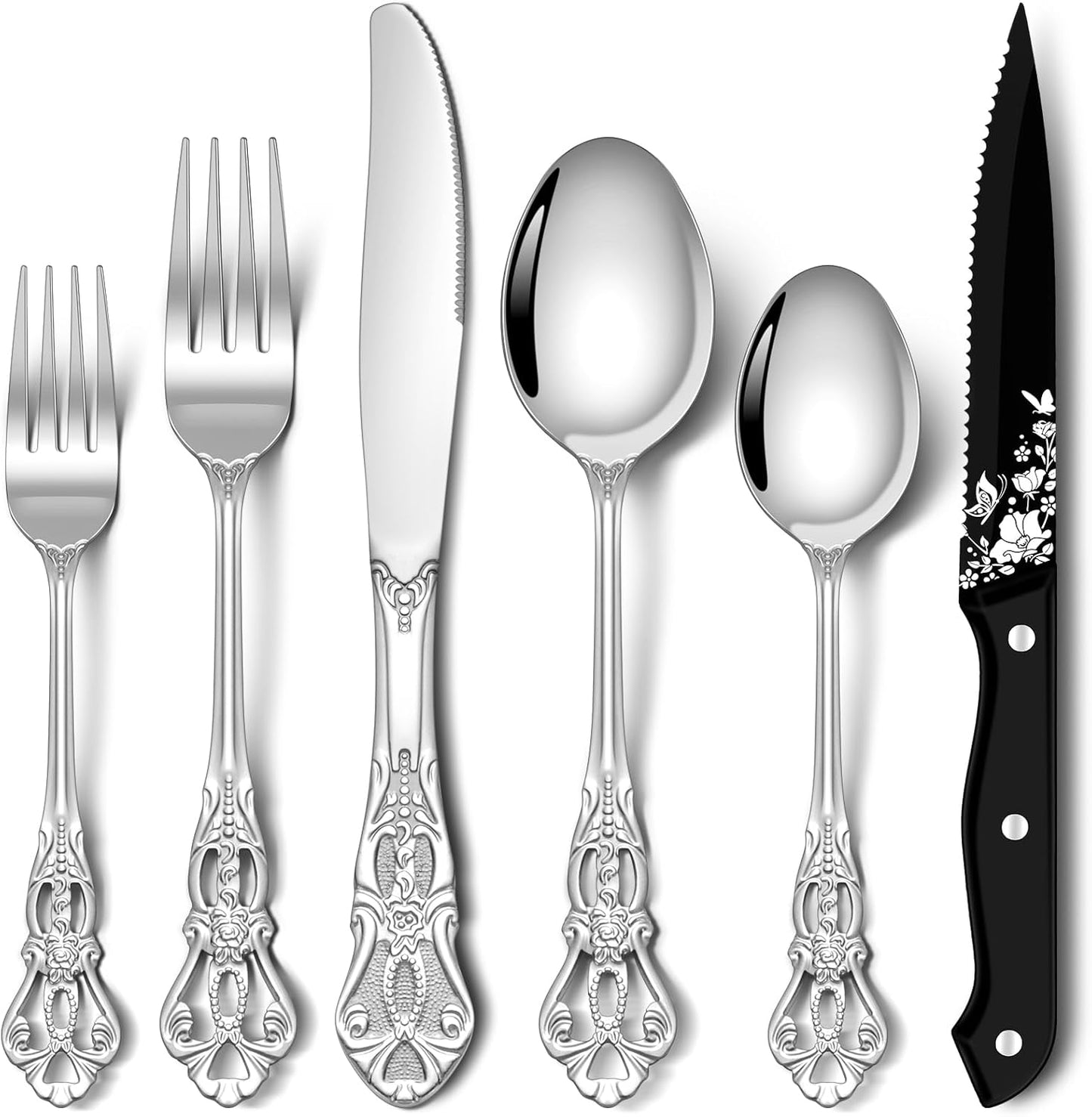 Gorgeous Retro Silverware Set with Steak Knives for 8 People
