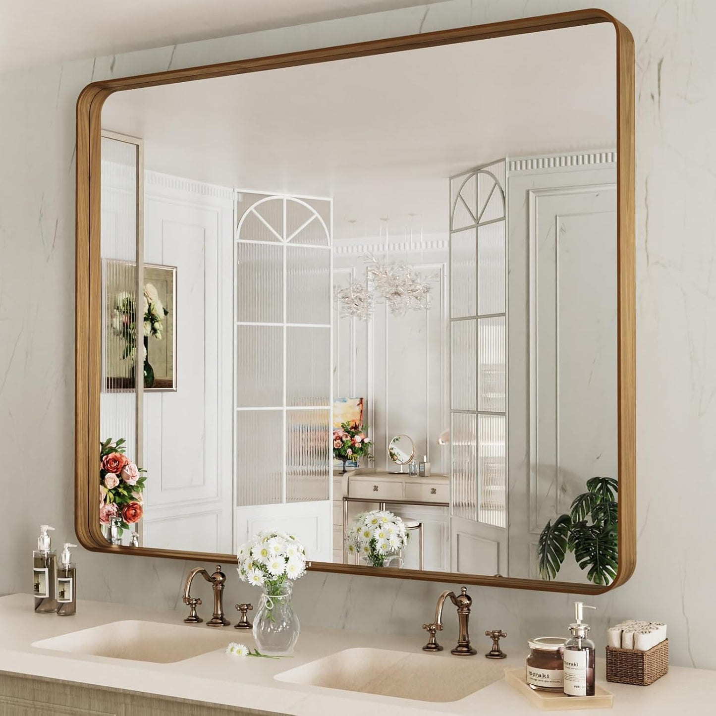 48X40 Inch Bathroom Mirror with Wood Grain Metal Frame