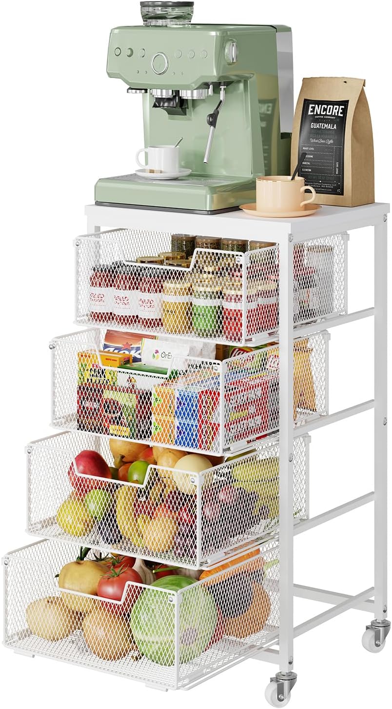 4-Tier Kitchen Storage Cart for Fruits and Vegetables with Drawers