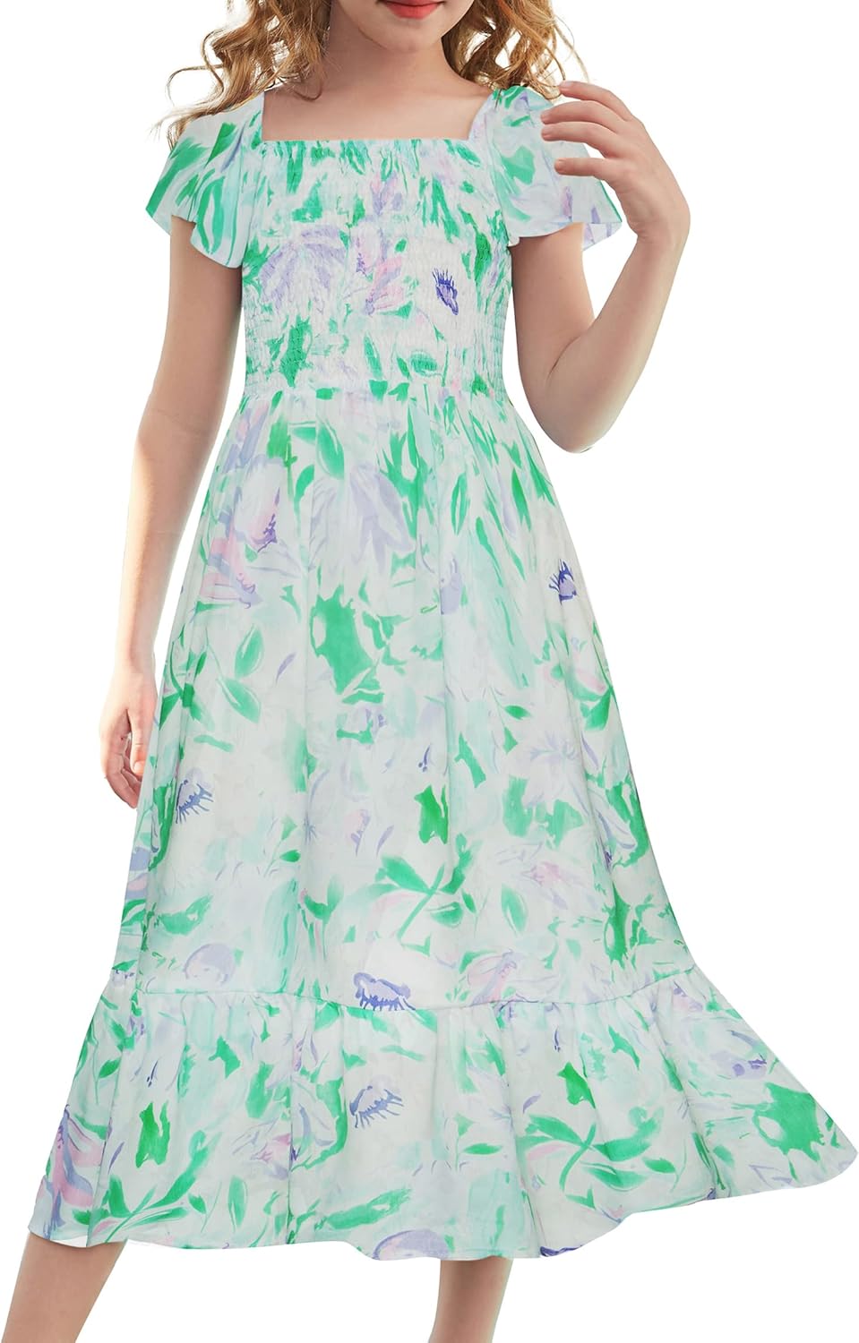 Floral Dress for Girls with Flutter Sleeves and Tiered Skirt