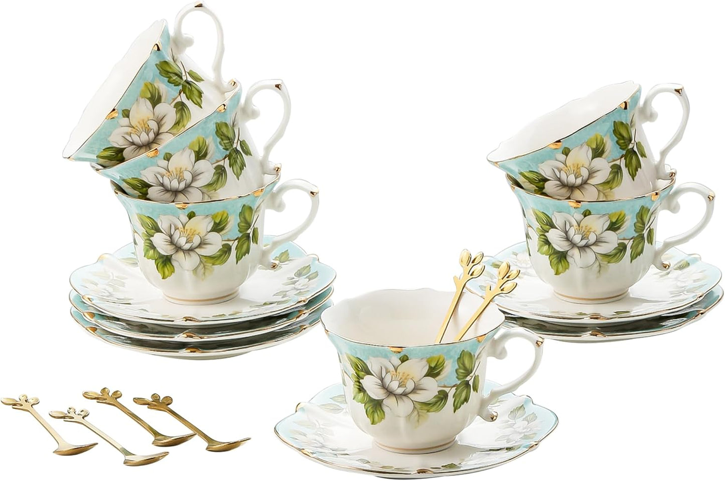 TATSUMI Country Roses 18 Piece Bone China Tea Cup Set for Parties