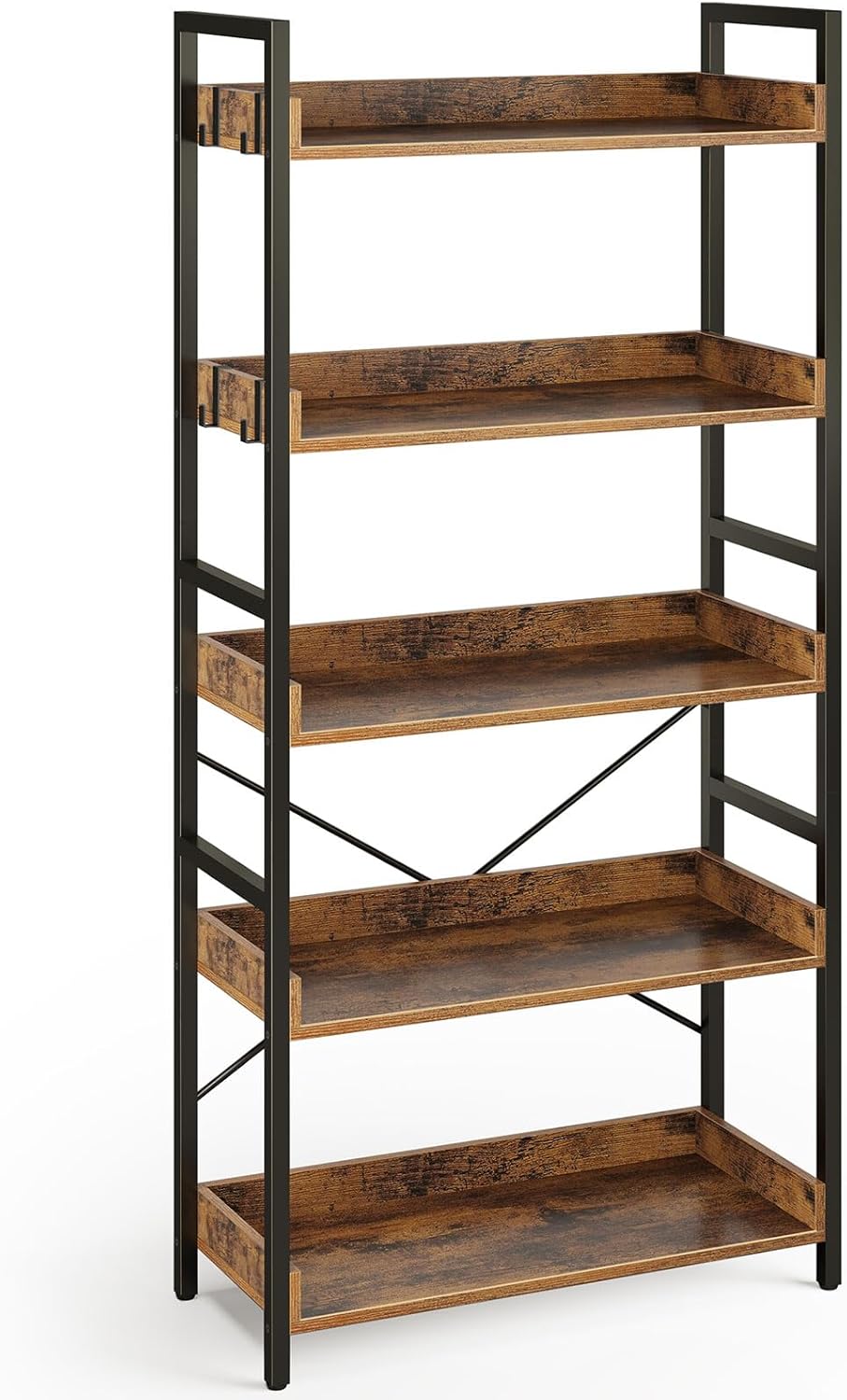 Rolanstar 5 Tier Industrial Wood Bookshelf with Hooks for Storage