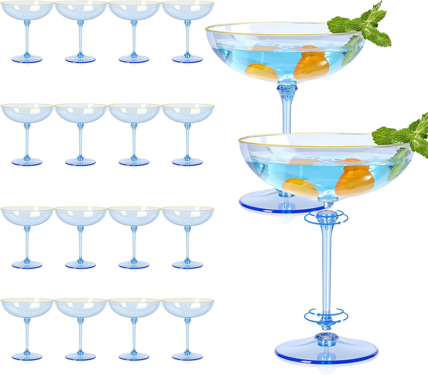 Detachable Martini Glasses 9oz Plastic Blue Coupe Glass Set
