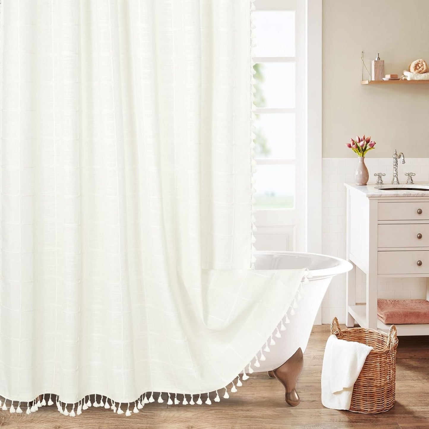 MitoVilla Ivory White Boho Farmhouse Shower Curtain Set 72 x 78