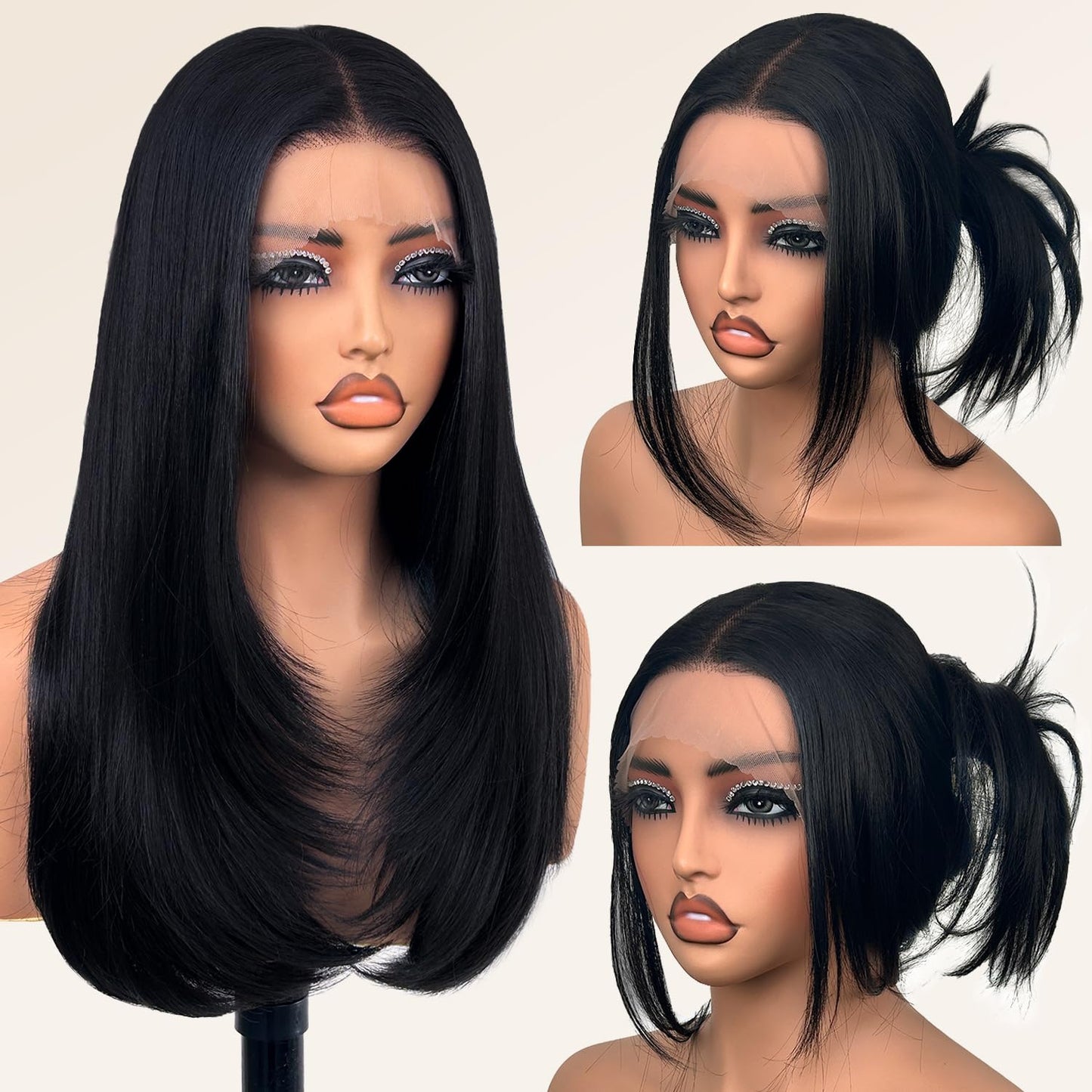 Glueless Synthetic Lace Front Wig 26 Inch Straight Black Hair