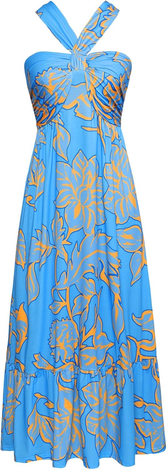 Women's Criss Cross Halterneck Floral Print Maxi Dress for Summer