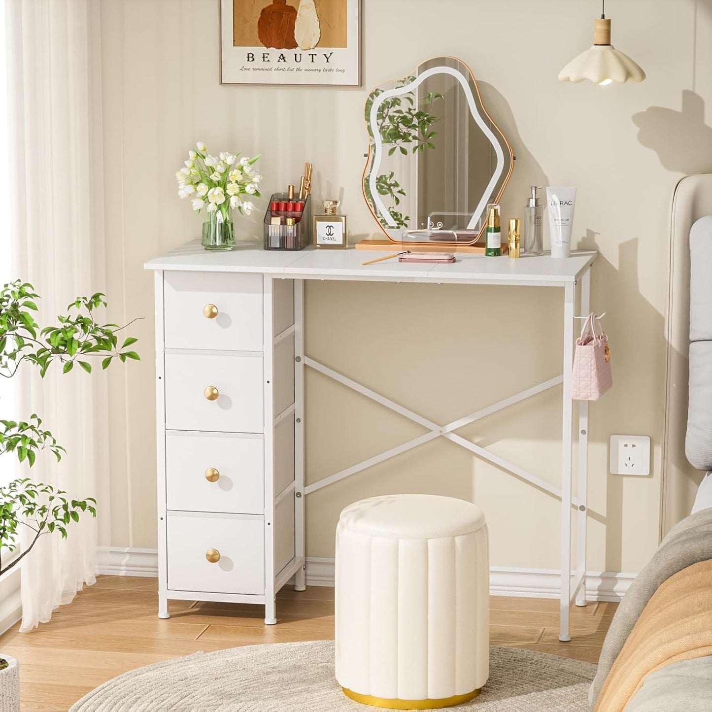Compact White Vanity Desk with 4 Drawers - Space-Saving Glam Station!