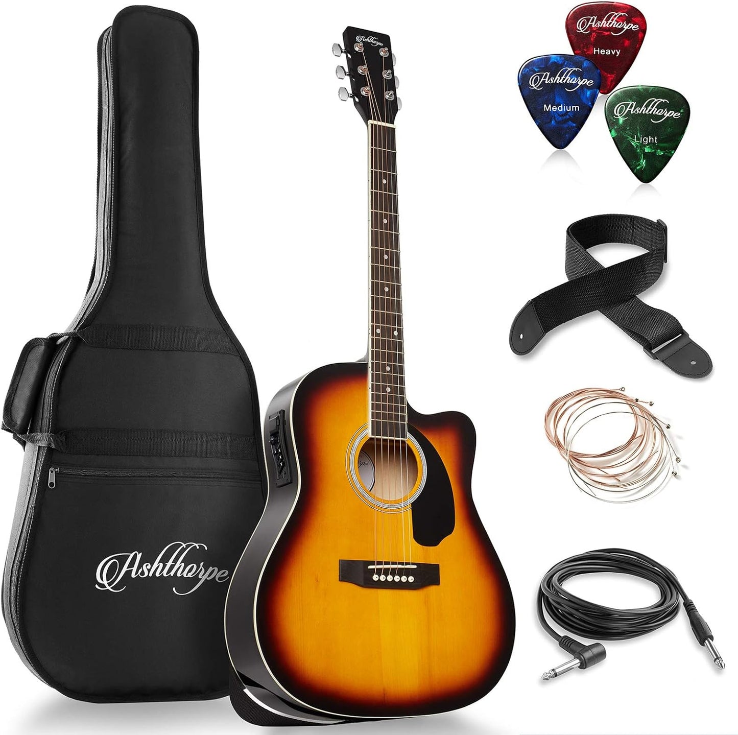 Ashthorpe Full-Size Dreadnought Acoustic-Electric Guitar Bundle