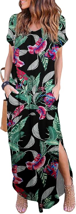 HUSKARY Women's Summer Maxi Dress with Pockets and Split Style
