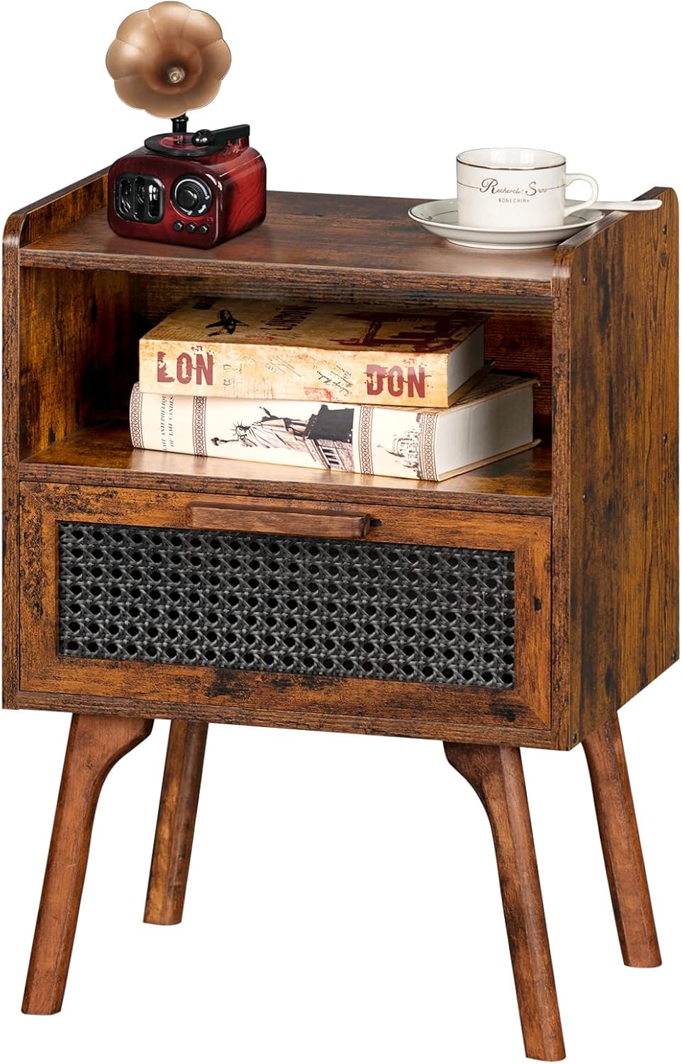 Lerliuo Rattan Nightstand: Boho Side Table with Drawer & Shelf