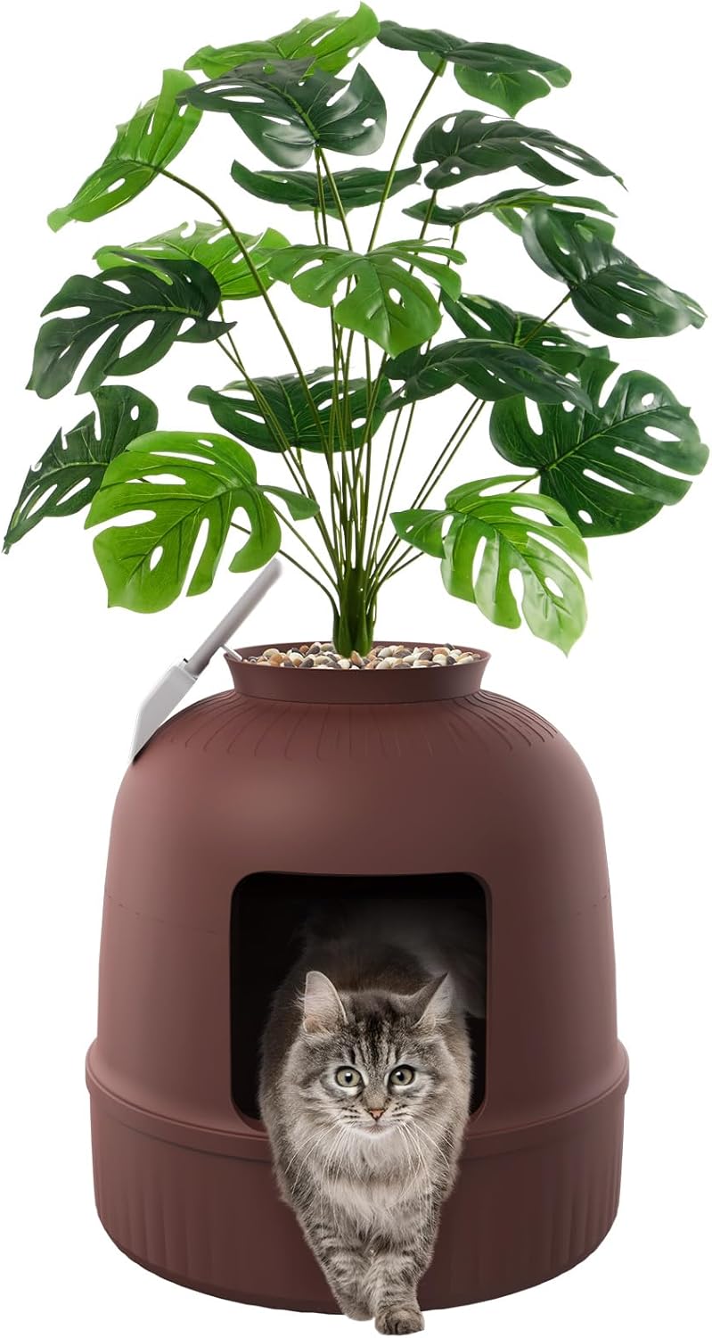 Hidden Cat Litter Box with Faux Plant for Large Cats