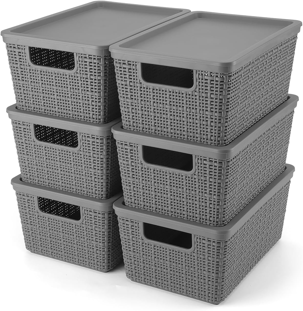 Plastic Storage Basket Set of 6 Lidded Bins for Organizing