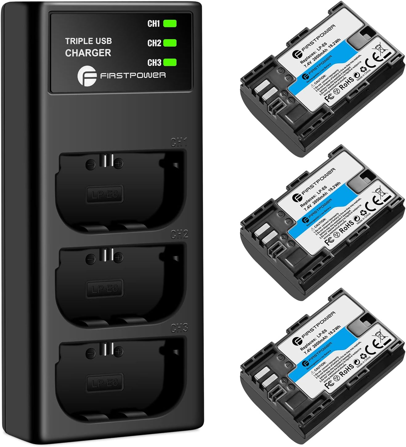 FirstPower LP-E6 Battery 3-Pack with Triple Charger for Canon