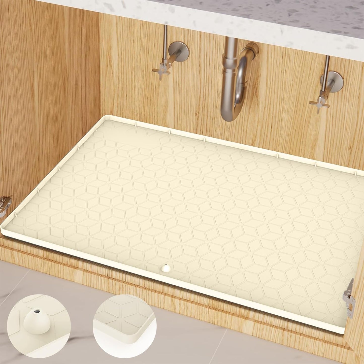 Under Sink Mat for Kitchen - Silicone Waterproof Liner with Drain Hole