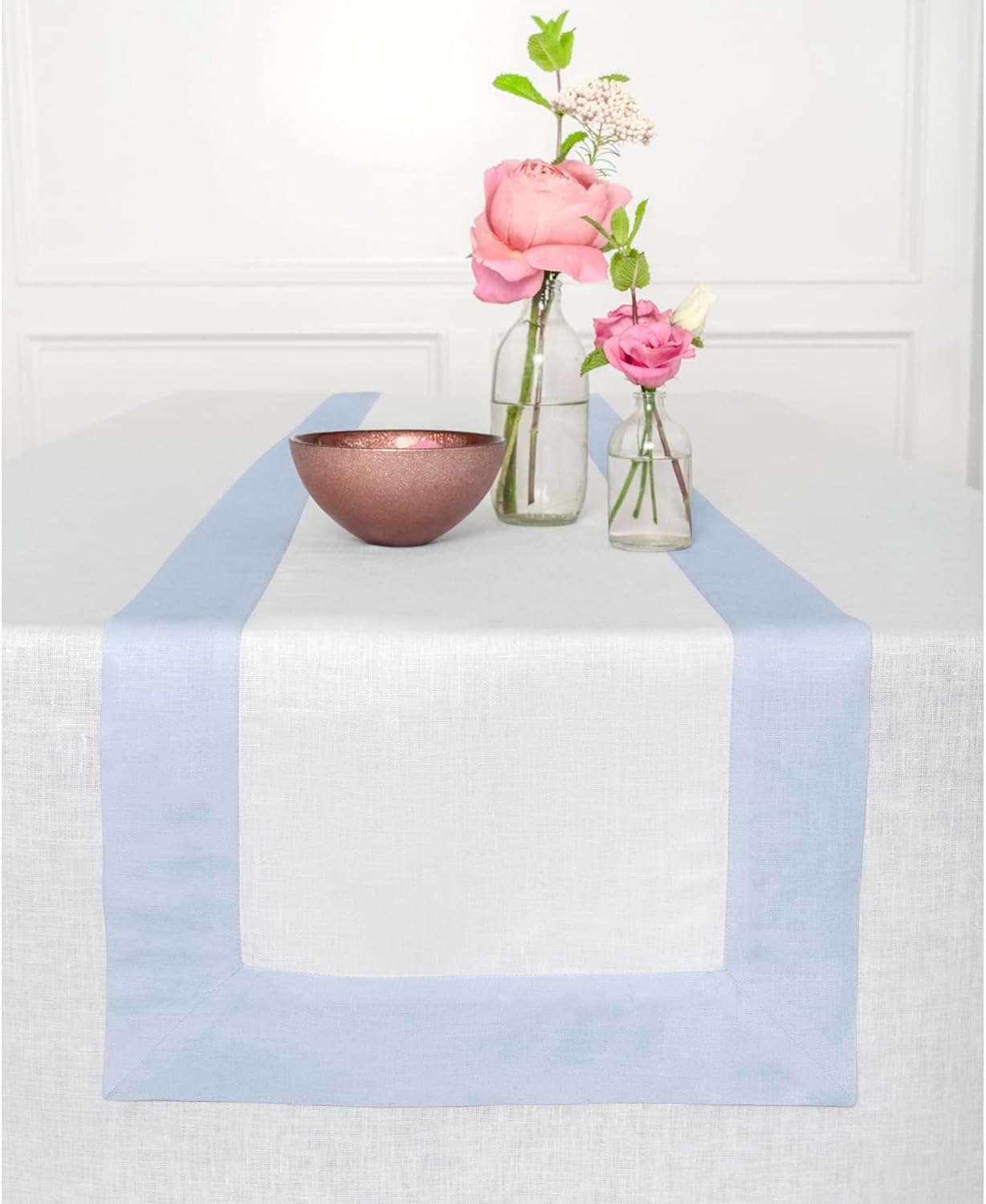 Elegant Light Blue and White Linen Table Runner for Dining