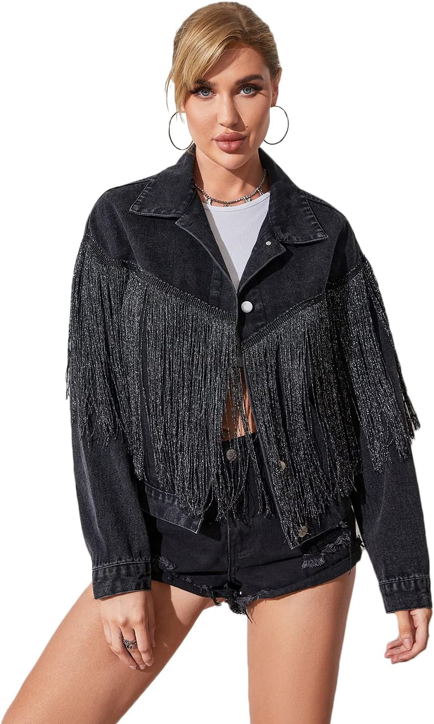 Womens Crop Denim Jacket with Fringe for Casual Outfits