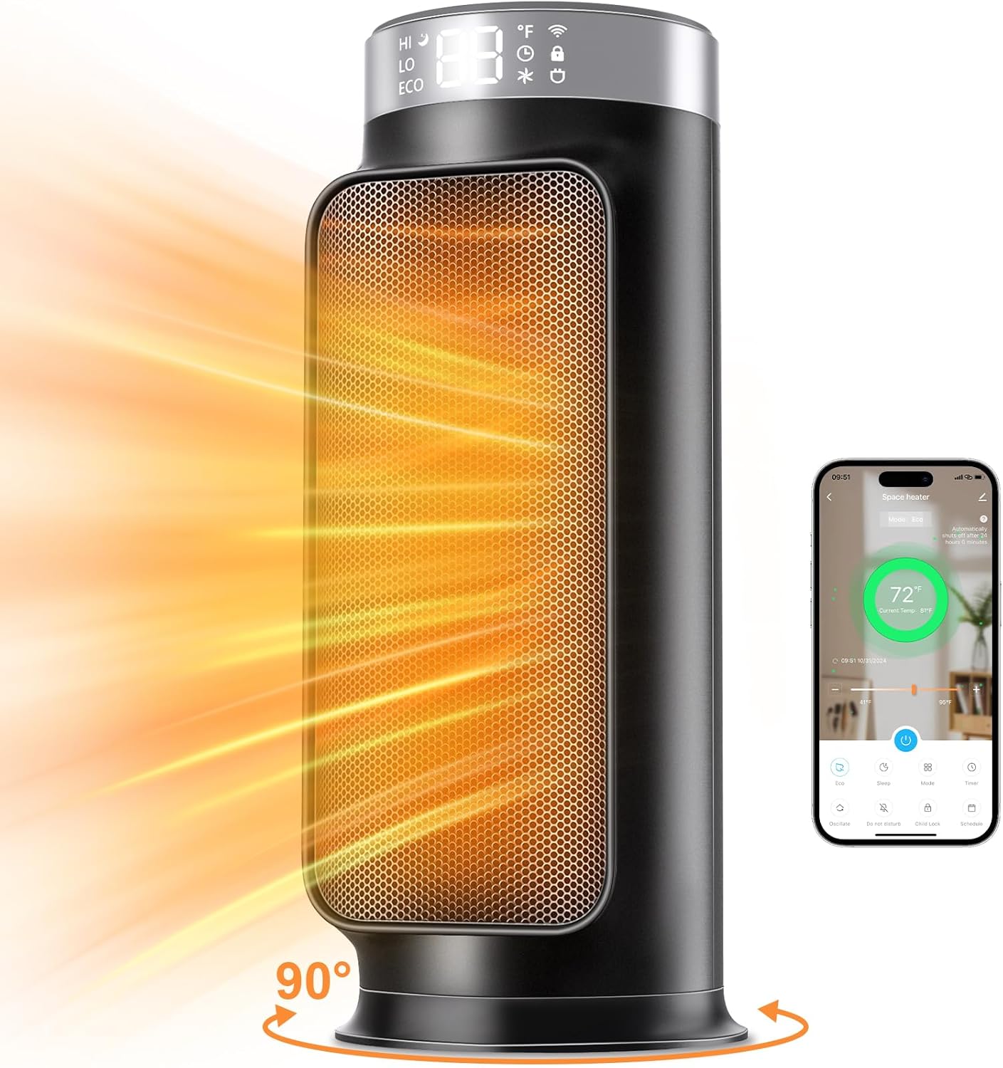 Smart Wifi Space Heater, 1500W, 5 Modes, Remote Control
