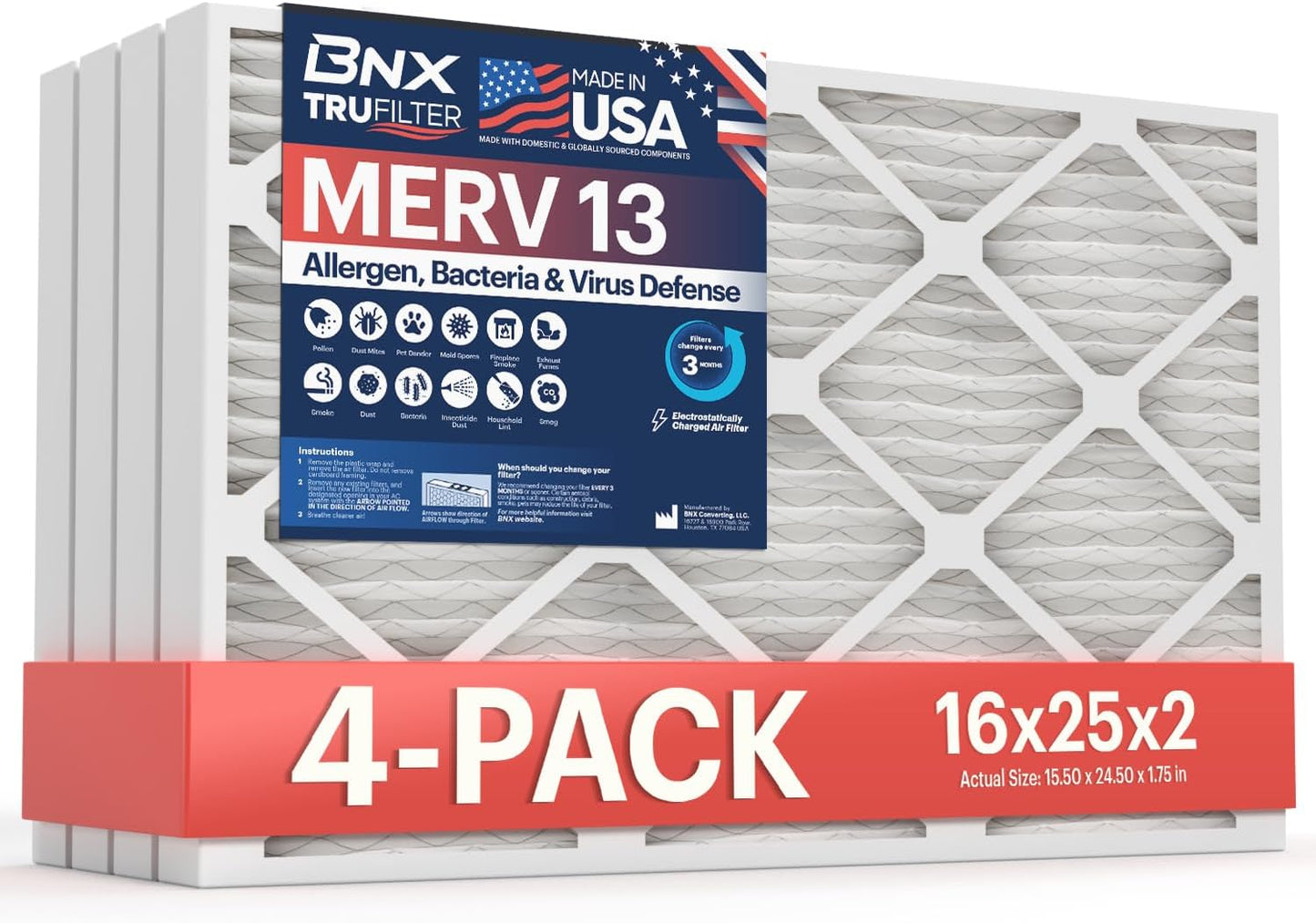 BNX TruFilter 16x25x2 MERV 13 Air Filter for Allergies & More