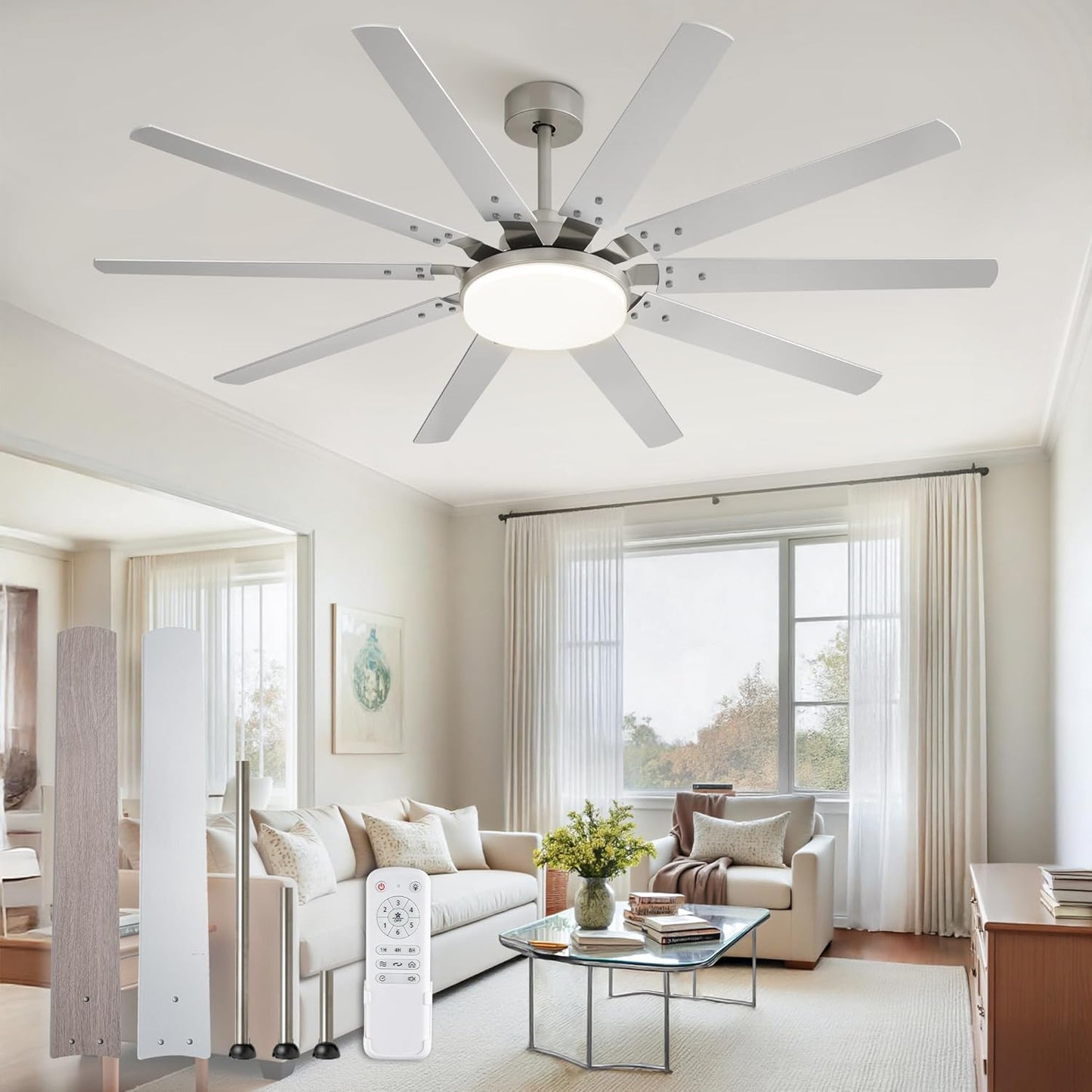 65 Inch Large Brushed Nickel Modern Ceiling Fan with Lights