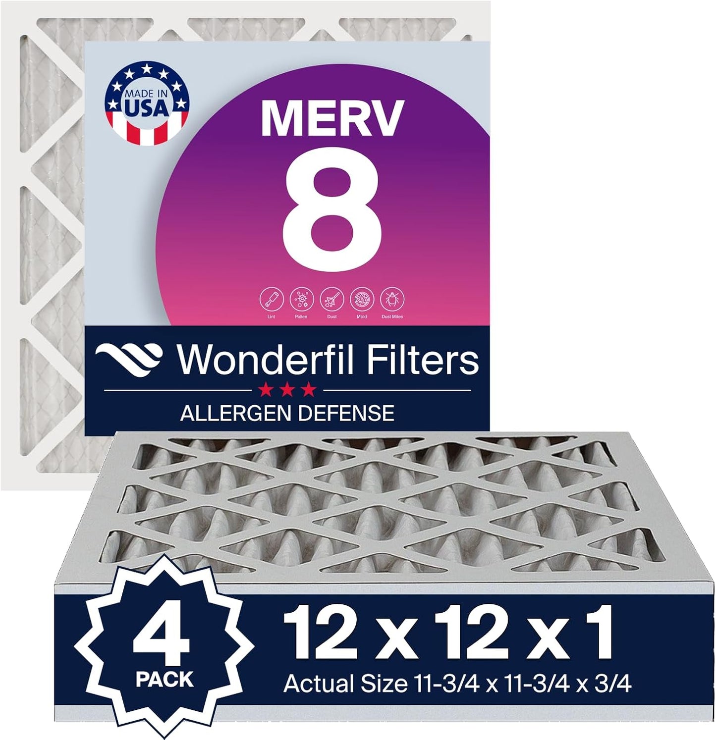 Wonderfil Filters MERV 8 4-Pack | Pleated HVAC | Perfect Fit AC & Furnace | Actual Size 11.75x11.75x0.75!