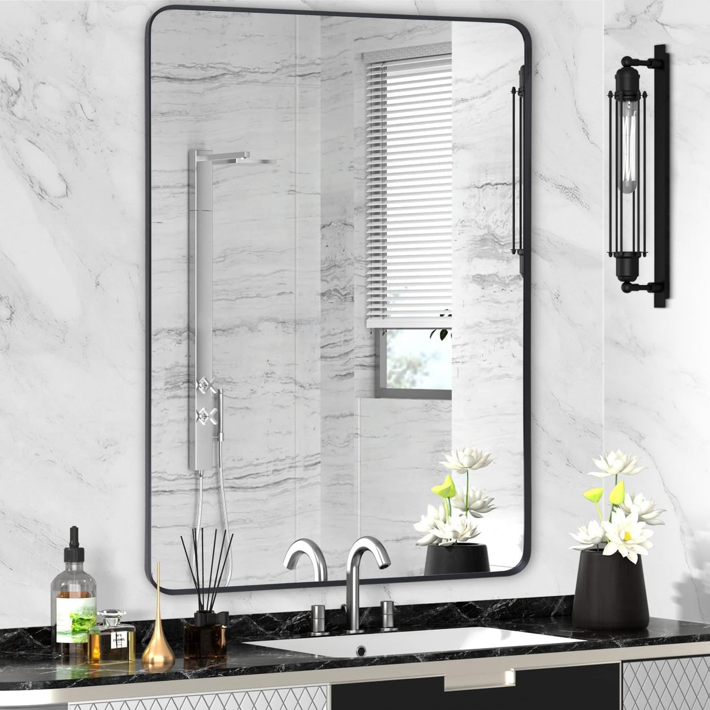 Black Metal Framed Bathroom Mirror for Wall - Large Rectangular