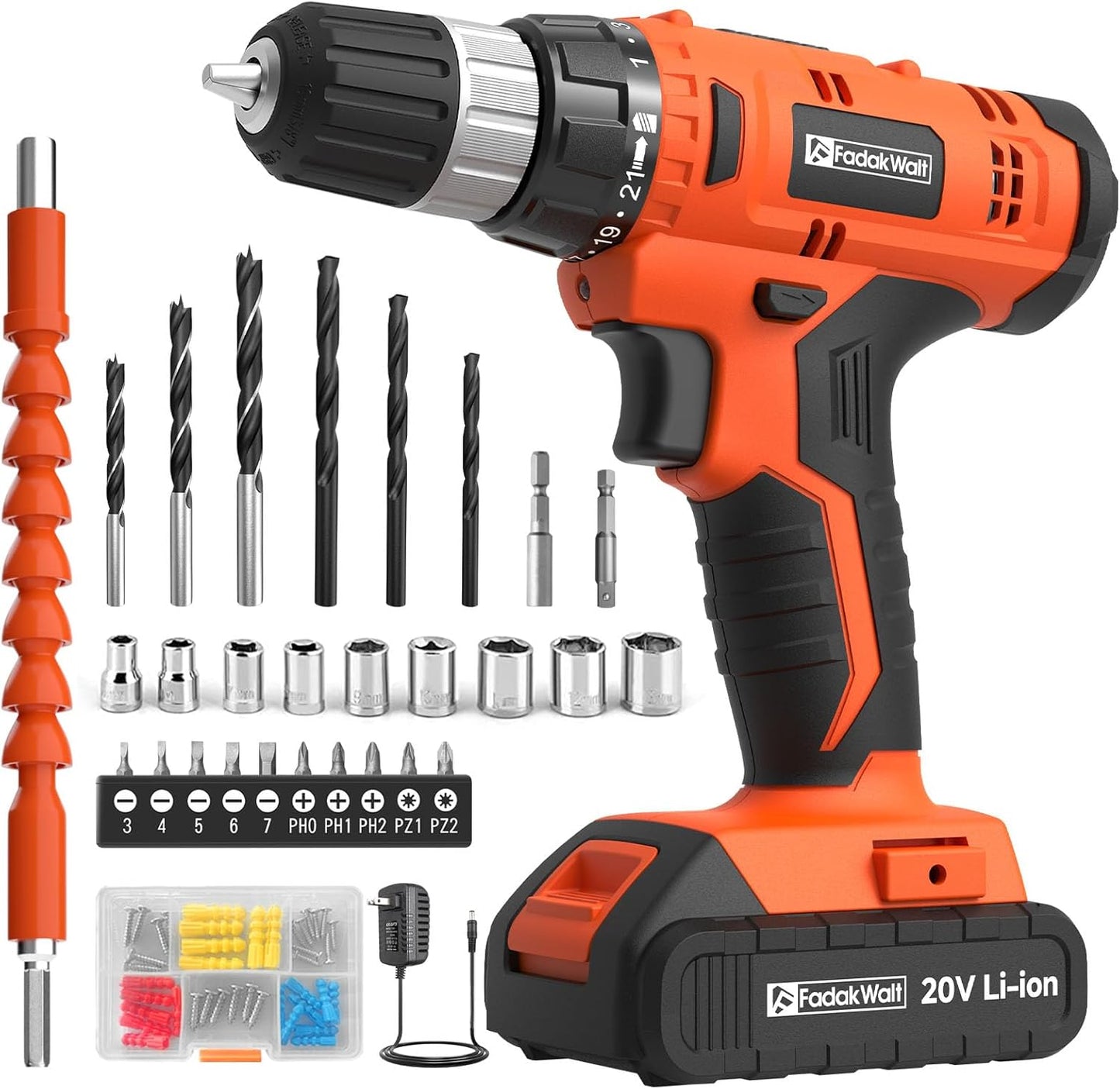 FADAKWALT 20V Electric Power Drill Set with 21+1 Torque Settings