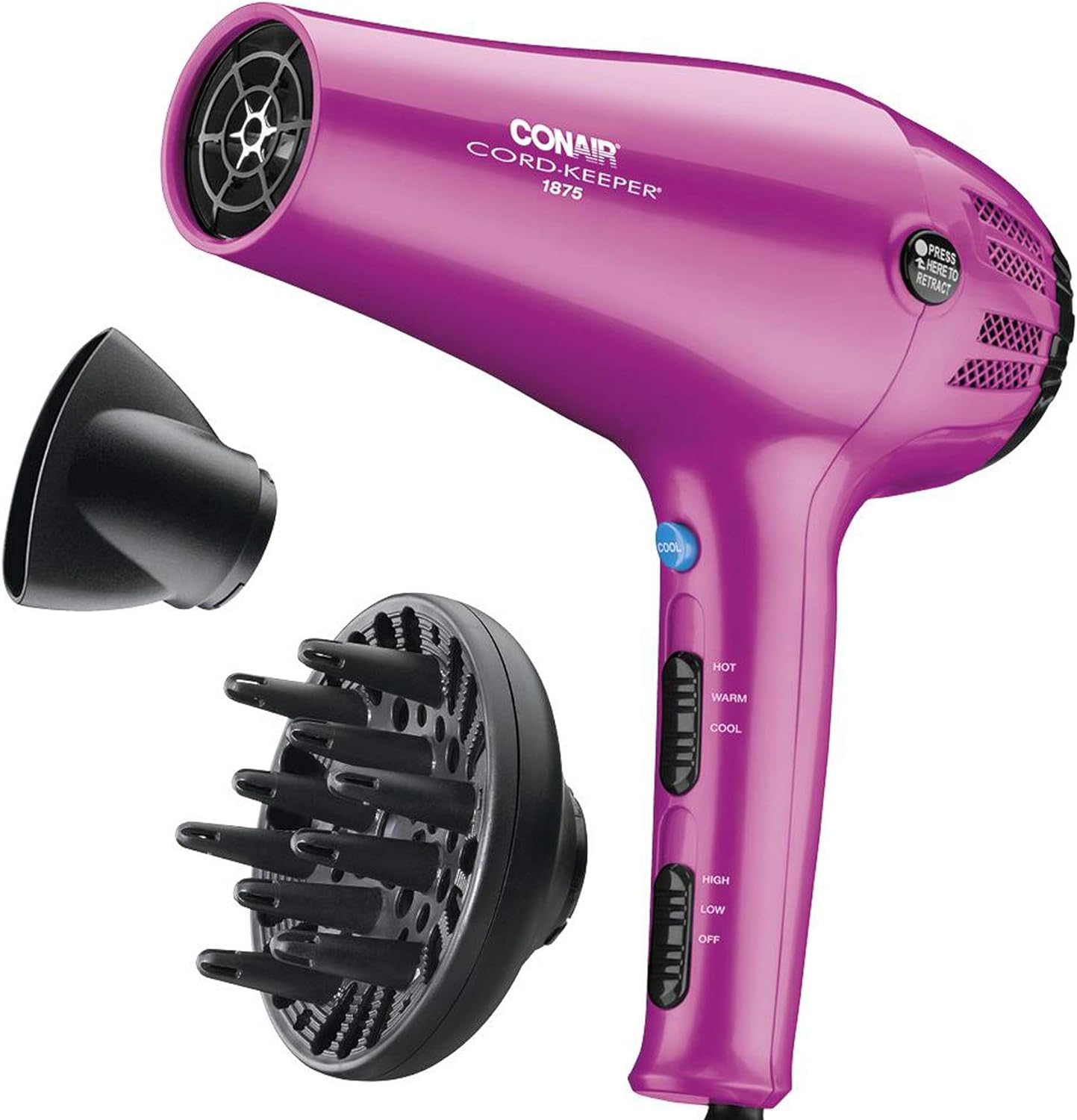 Conair 1875W Retractable Cord Hair Dryer, Pink