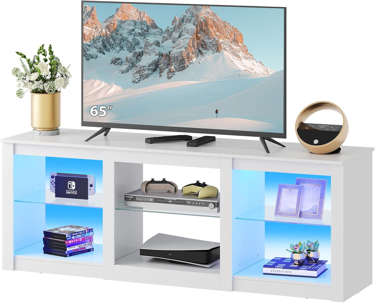Modern White TV Stand for 65 TV - Adjustable Shelves
