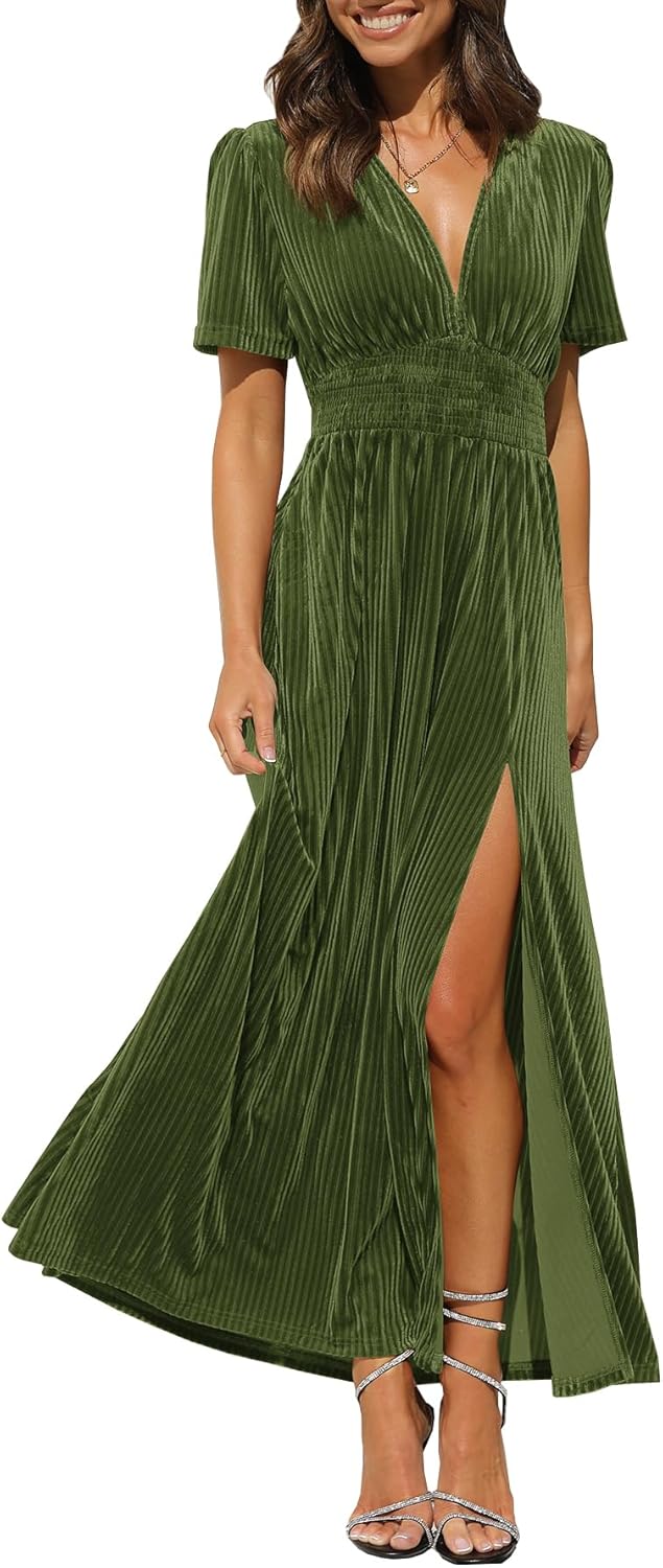 Sissyaki Women's Retro V-Neck Velvet Maxi Dress for Parties