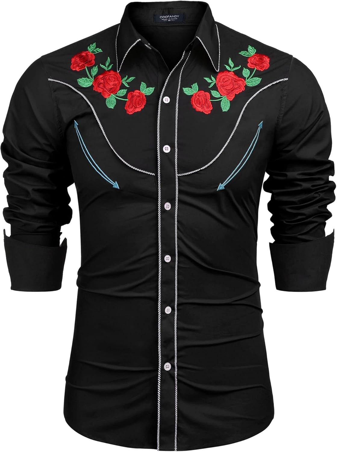 Stylish Men's Western Cowboy Shirt with Rose Embroidery Design