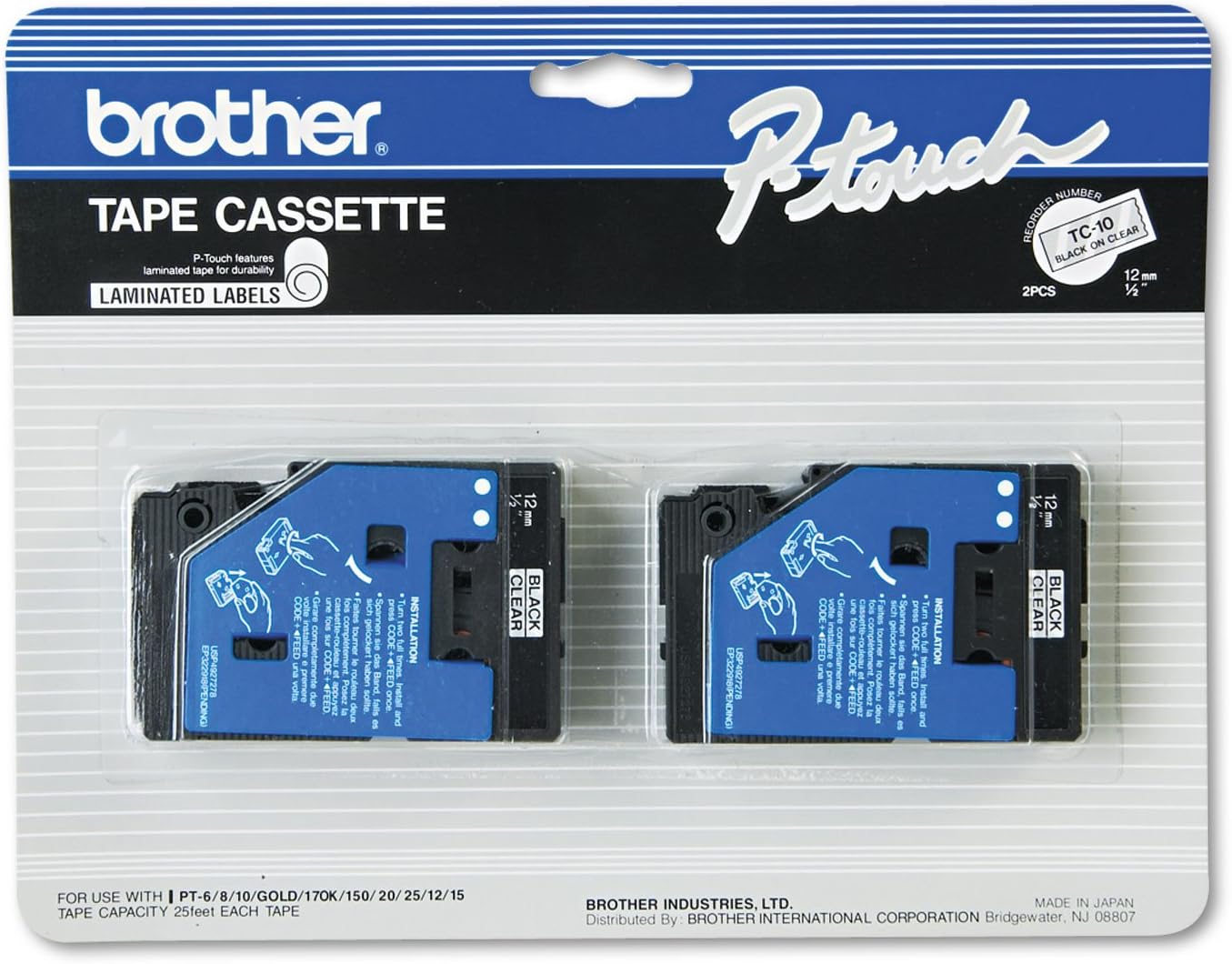2-pack TC-10 Black On Clear Tape for Brother Labelers