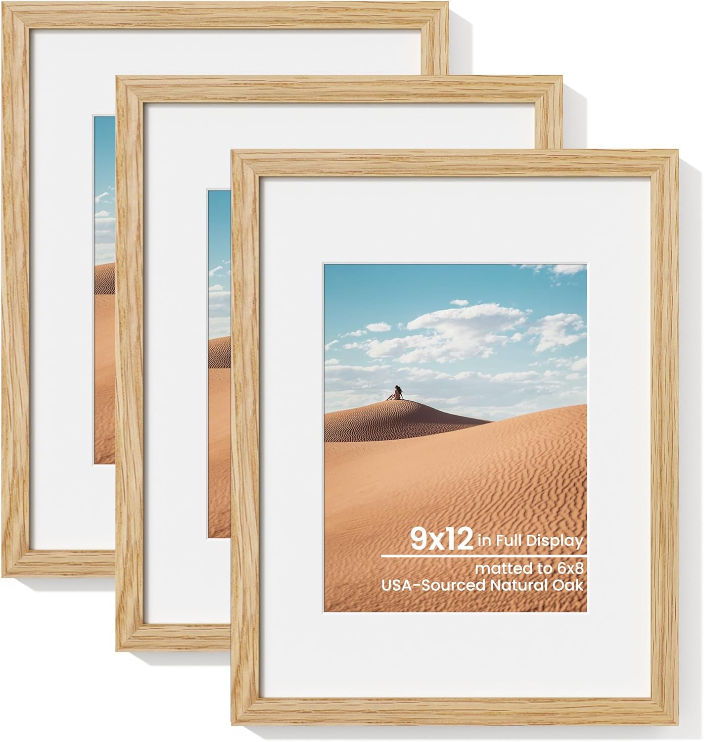 9x12 Solid Oak Wood Picture Frame Set of 3 for Photos