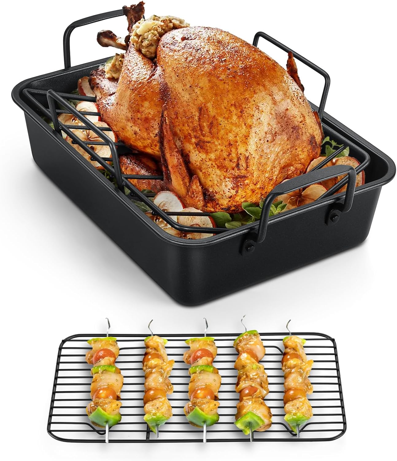 TeamFar Nonstick Deep Roasting Pan with V-Shaped Rack Set