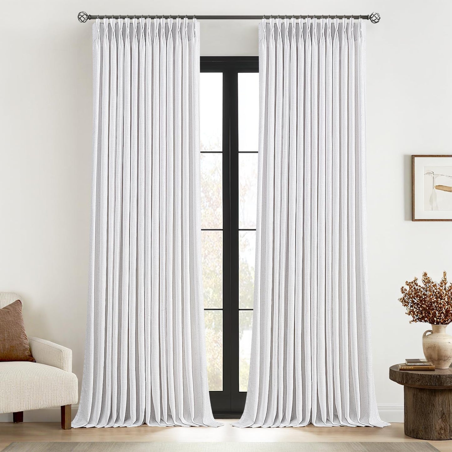 MIULEE Pinch Pleated White Thick Linen Curtains for Home