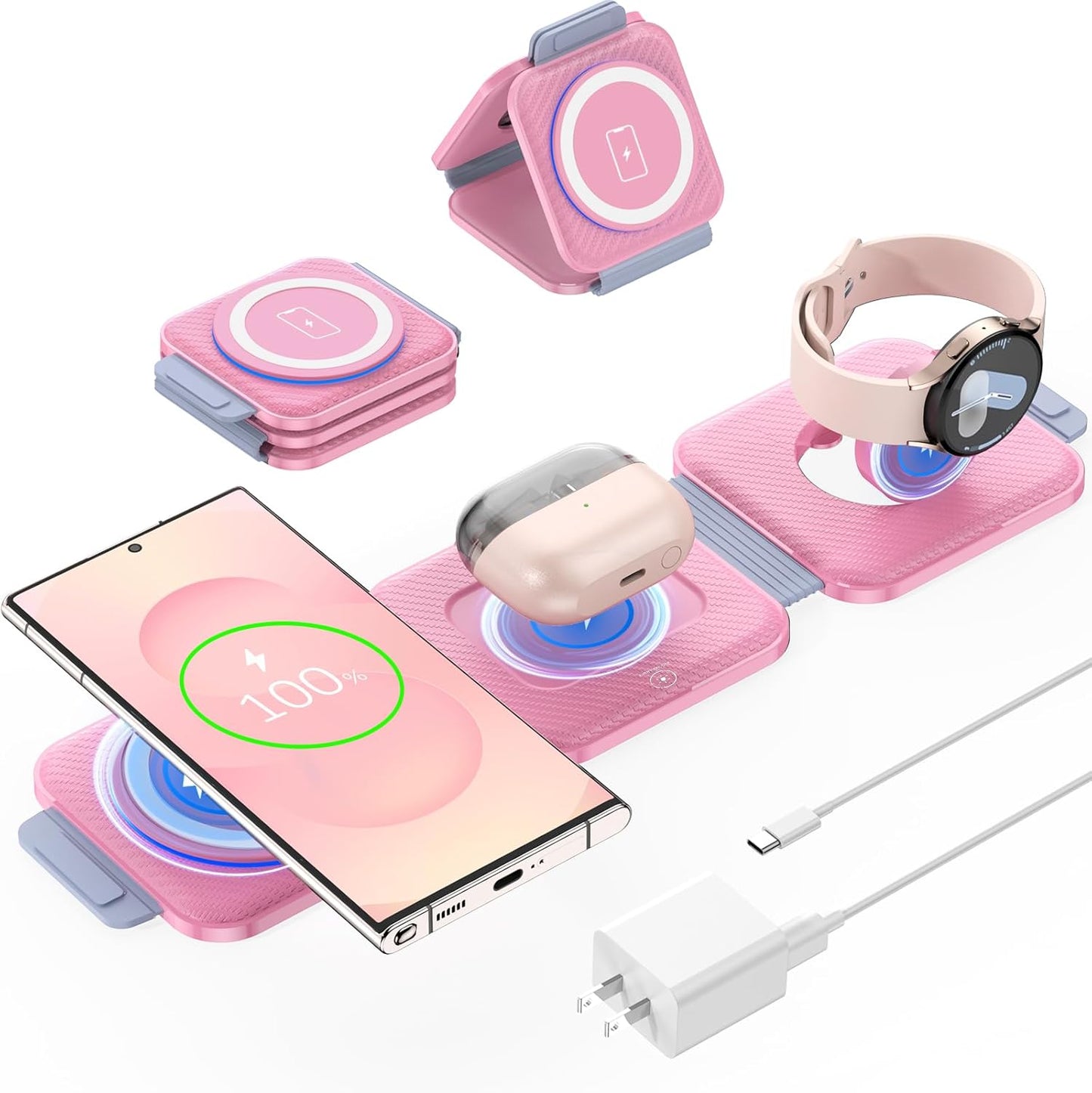 Foldable 3 in 1 Wireless Charger for Samsung Devices - Pink