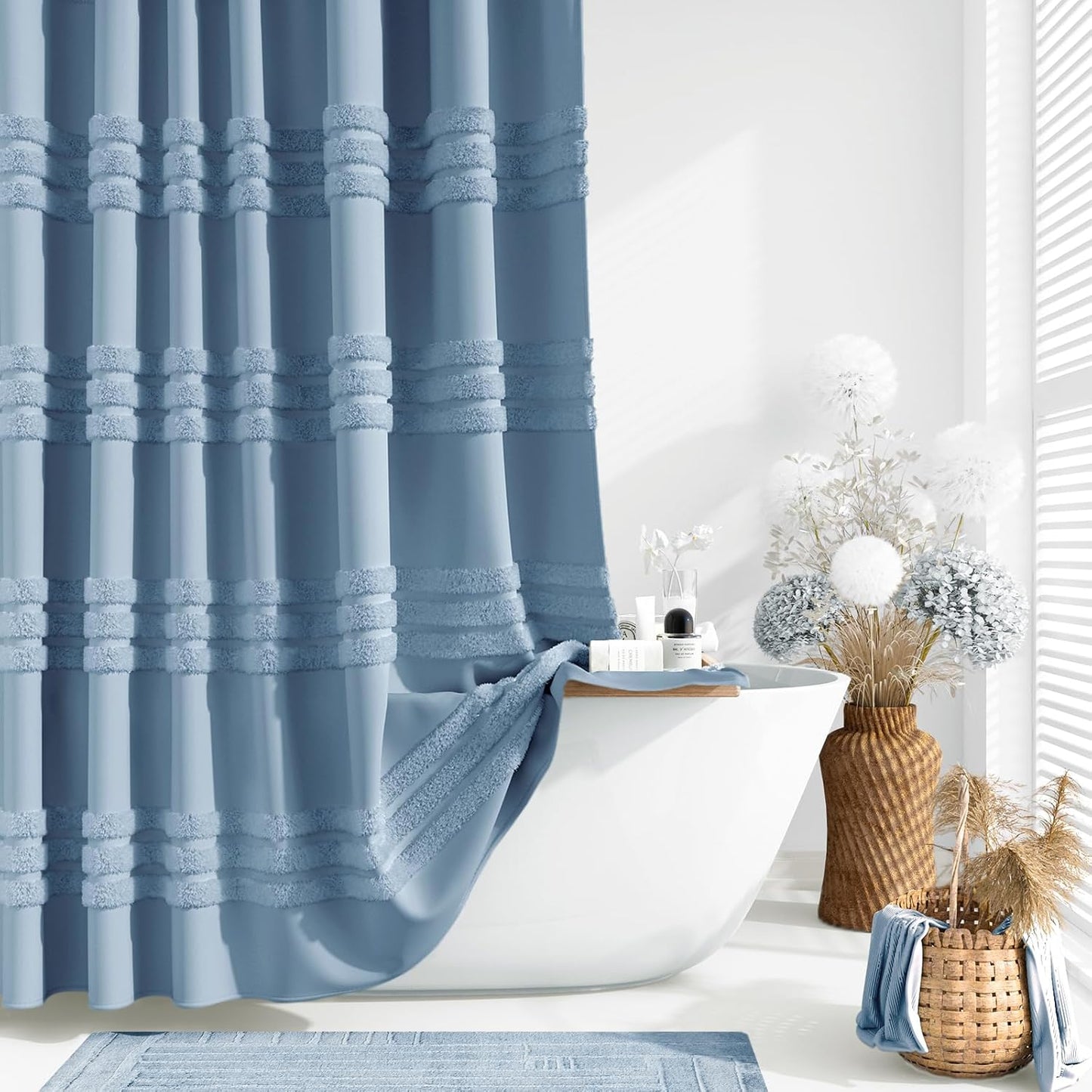 Extra Long Moonlight Blue Shower Curtain with Tufted Stripes