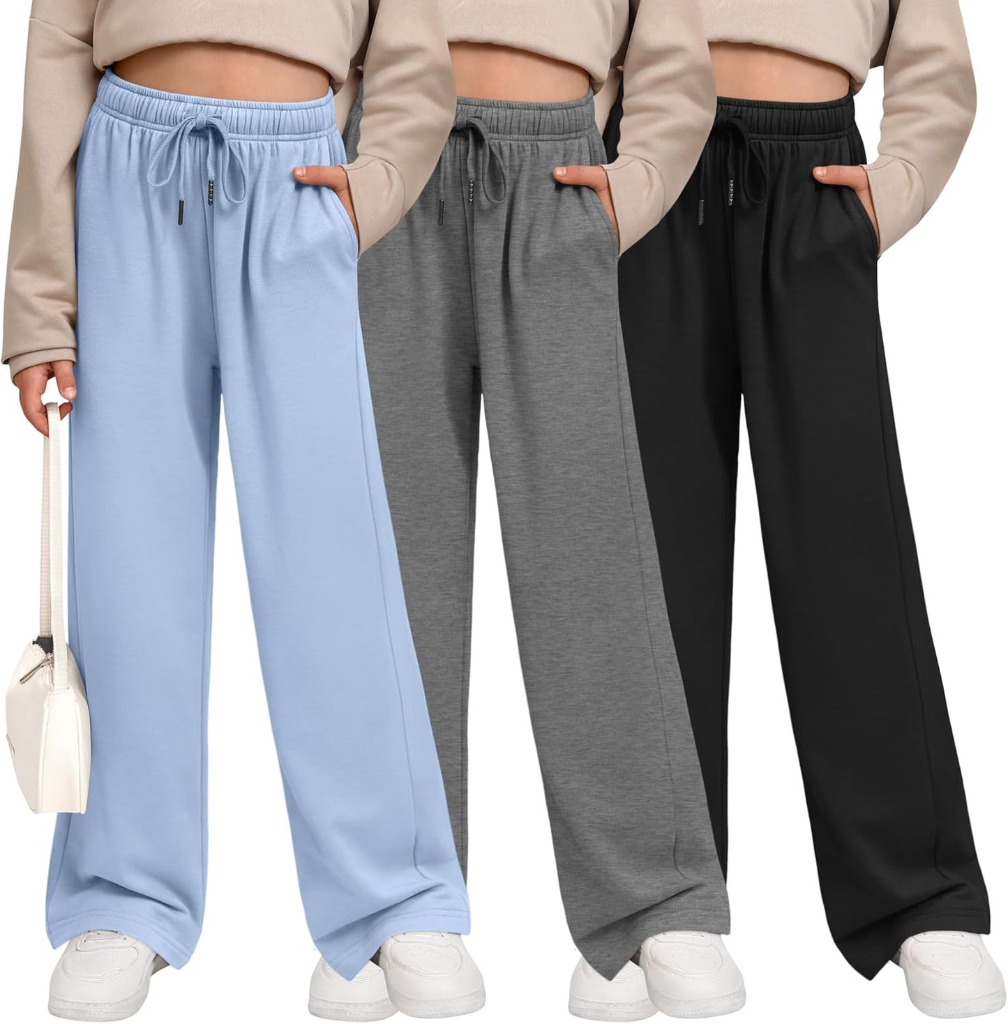 3 Pack Girls' Sweatpants Wide Leg Casual Joggers with Pockets