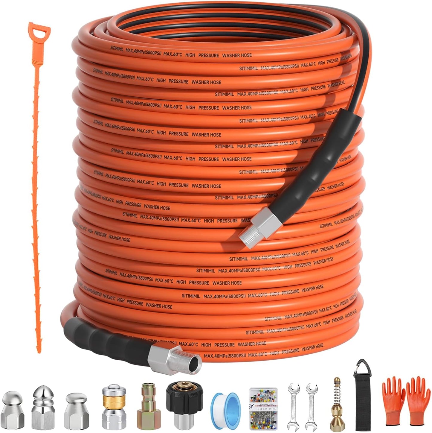 Sewer Jetter Kit for Pressure Washer 200FT with 5 Nozzles