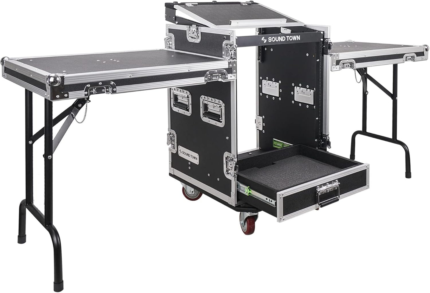 Sound Town 14U PA DJ Pro Audio Rack Case with Drawer and Tables