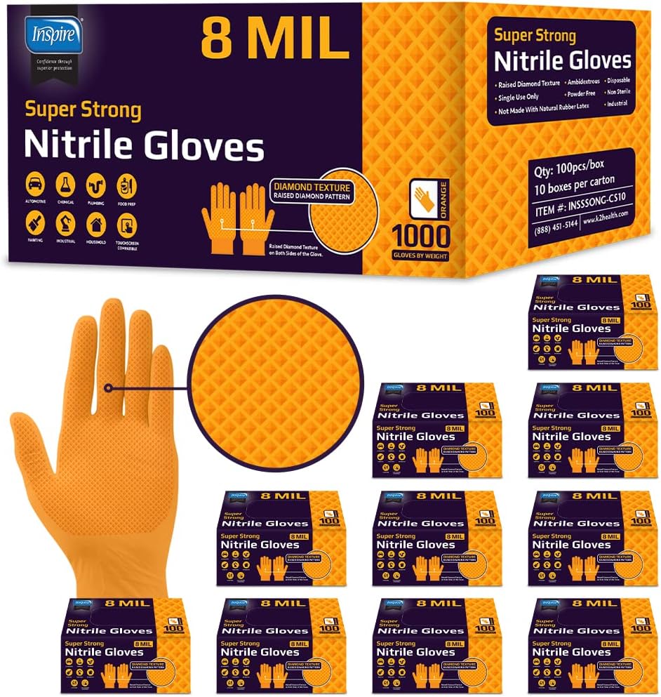 Inspire Heavy Duty Orange Nitrile Disposable Gloves for Safety