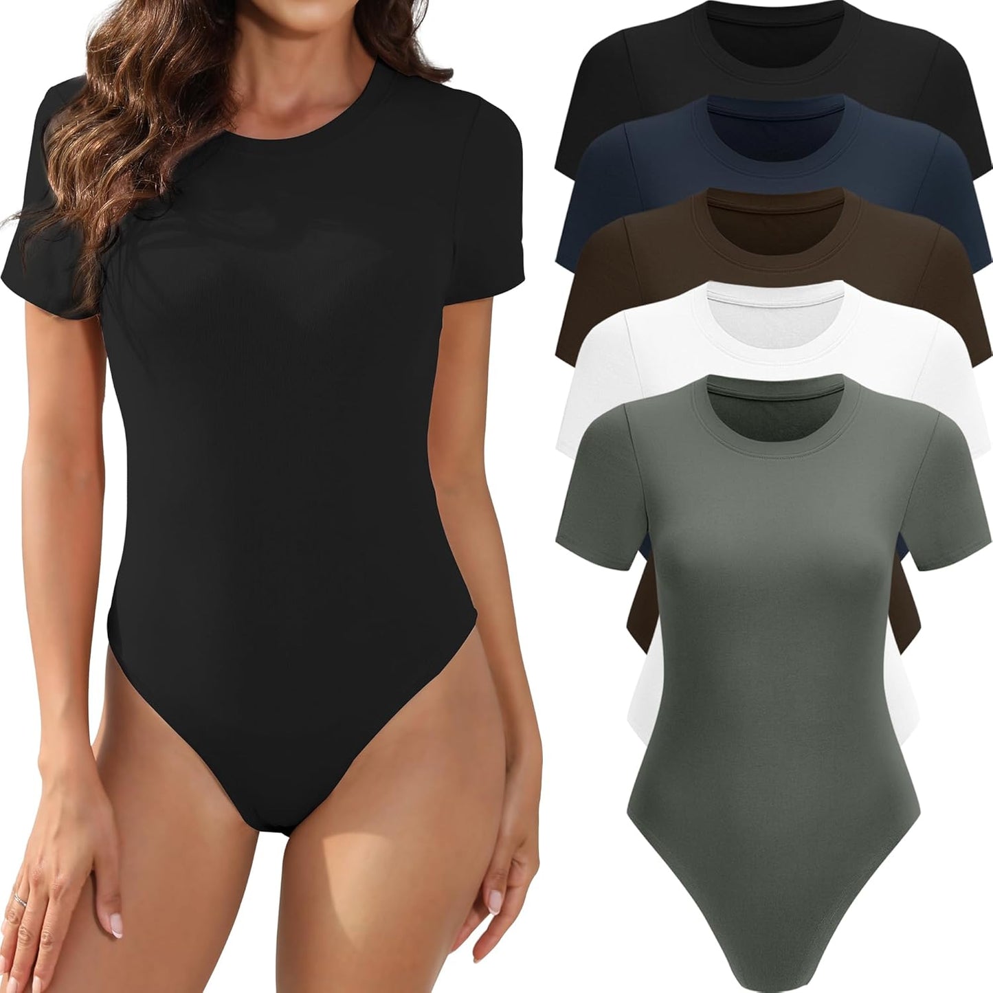 5 Pack Short Sleeve Bodysuits for Women - Casual Stretchy Tops