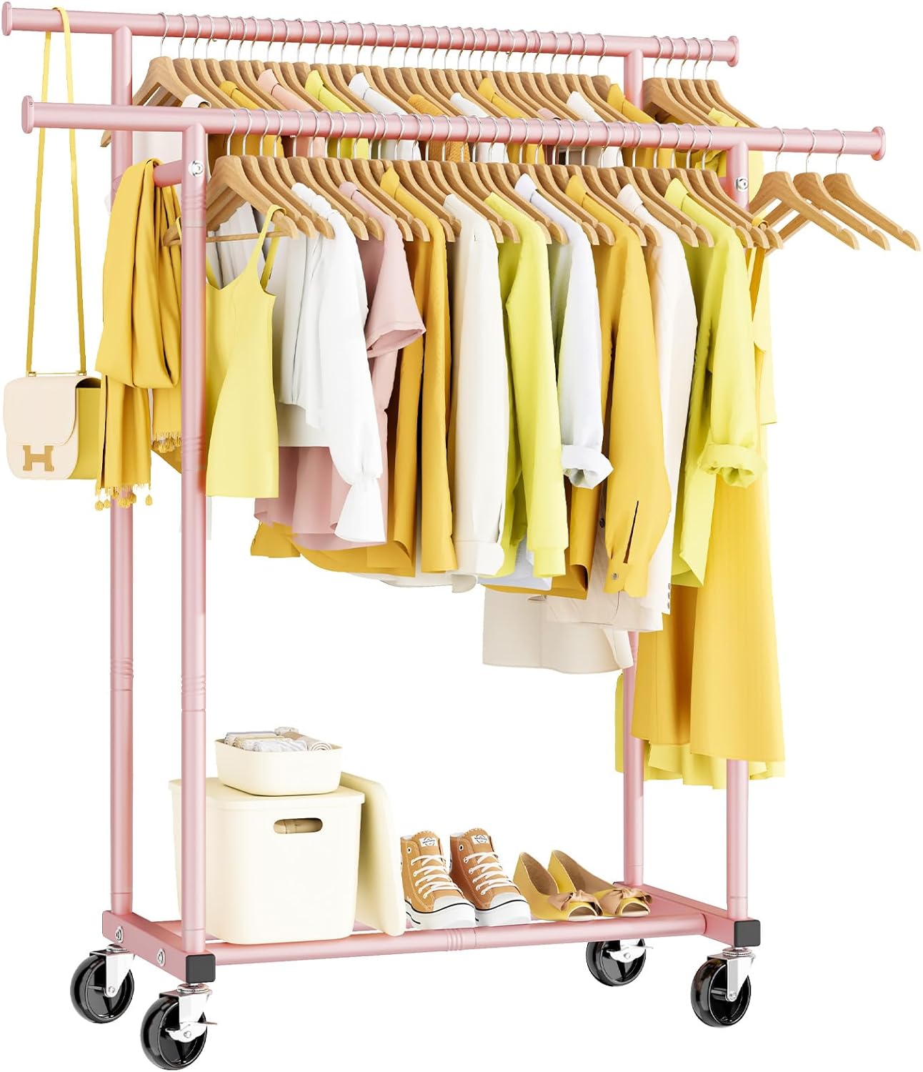 Double Rods Clothes Rack - Sturdy Rolling Clothing Rack for Home